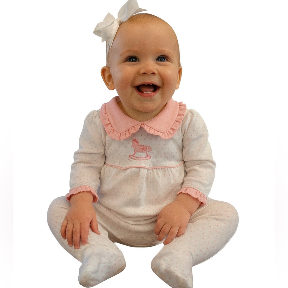 Magnolia Baby Pima Pink and White Outfit Rocking Horse Footie Peter Pan Collar